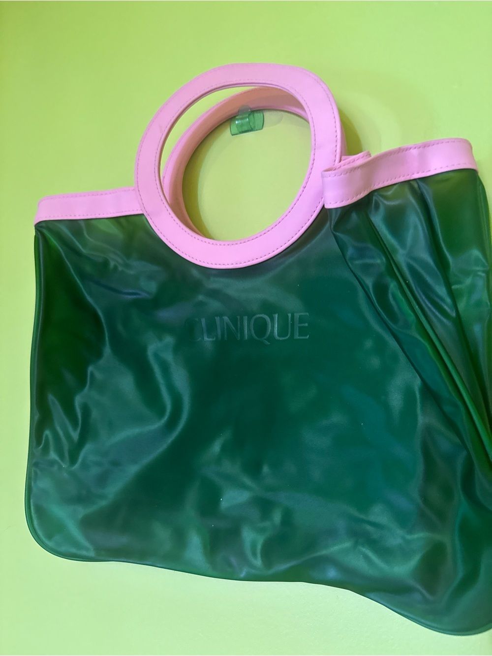 Clinique Green Tote with Pink Round Handles